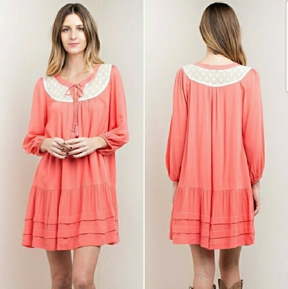 Host Pick!🎉Coral Boho Lace Dress - Picture 1 of 6